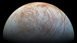 A image of Europa, a moon of Jupiter.