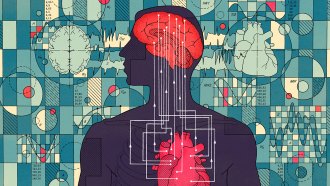 Illustration of the human body from the chest up showing connections between the brain and heart, with additional brain and heart iconography in the background