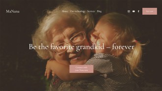 A screenshot of a fake website, showing a young girl hugging an older woman. The tagline says "Be the favorite grandkid forever"