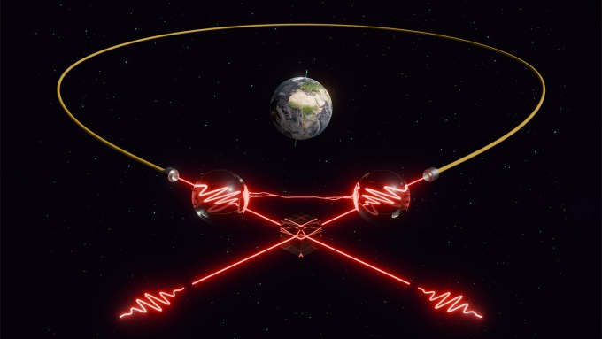 Red squiggles representing photons are sent into a loop representing the optical fiber in an interferometer, which surrounds Earth on a starry backdrop