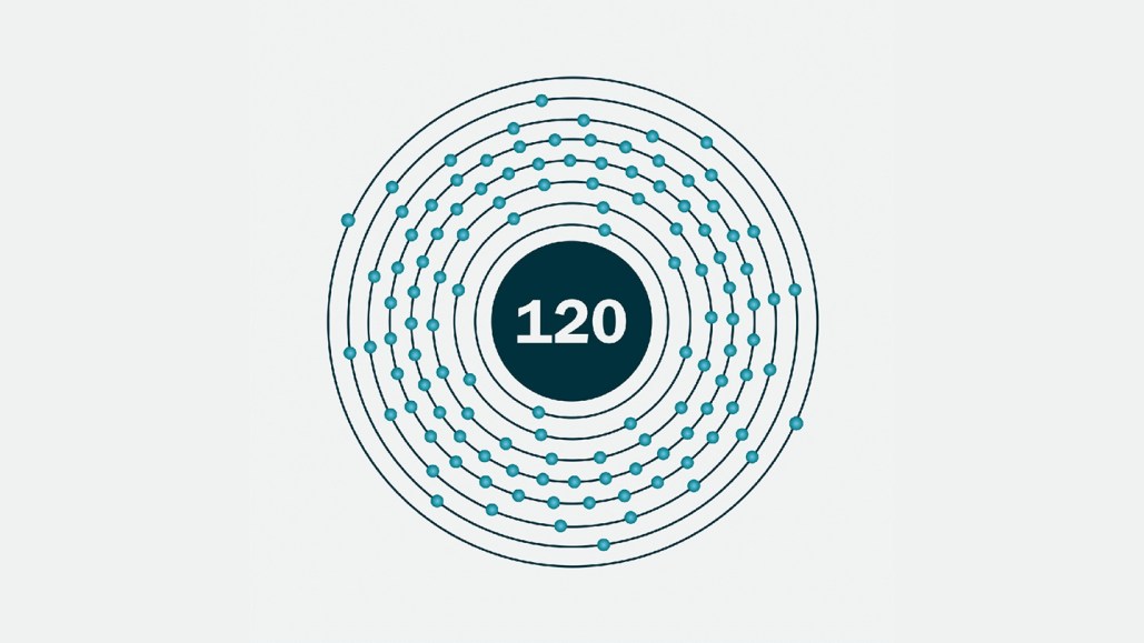 An illustration of element 120 shows 120 electrons arranged around a nucleus.