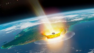 An illustration of an asteroid slamming into the ocean near Mexico.