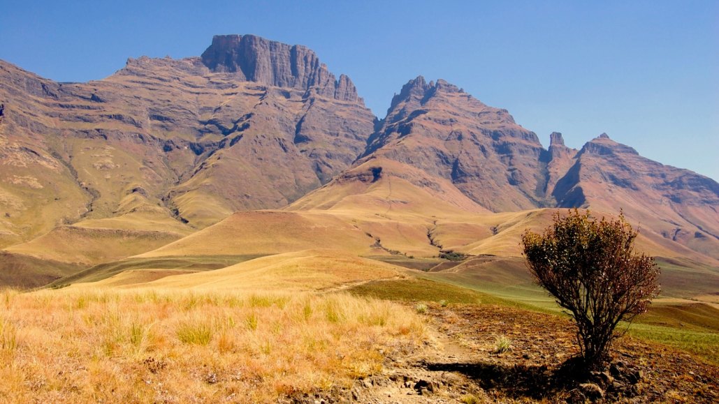 Brown mountains stand in the background, with golden grass covered foothills in the foreground.