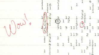 A piece of paper with strings of numbers and letters printed on it, with one line circled in red pen and "Wow!" written in that same pen in the margin